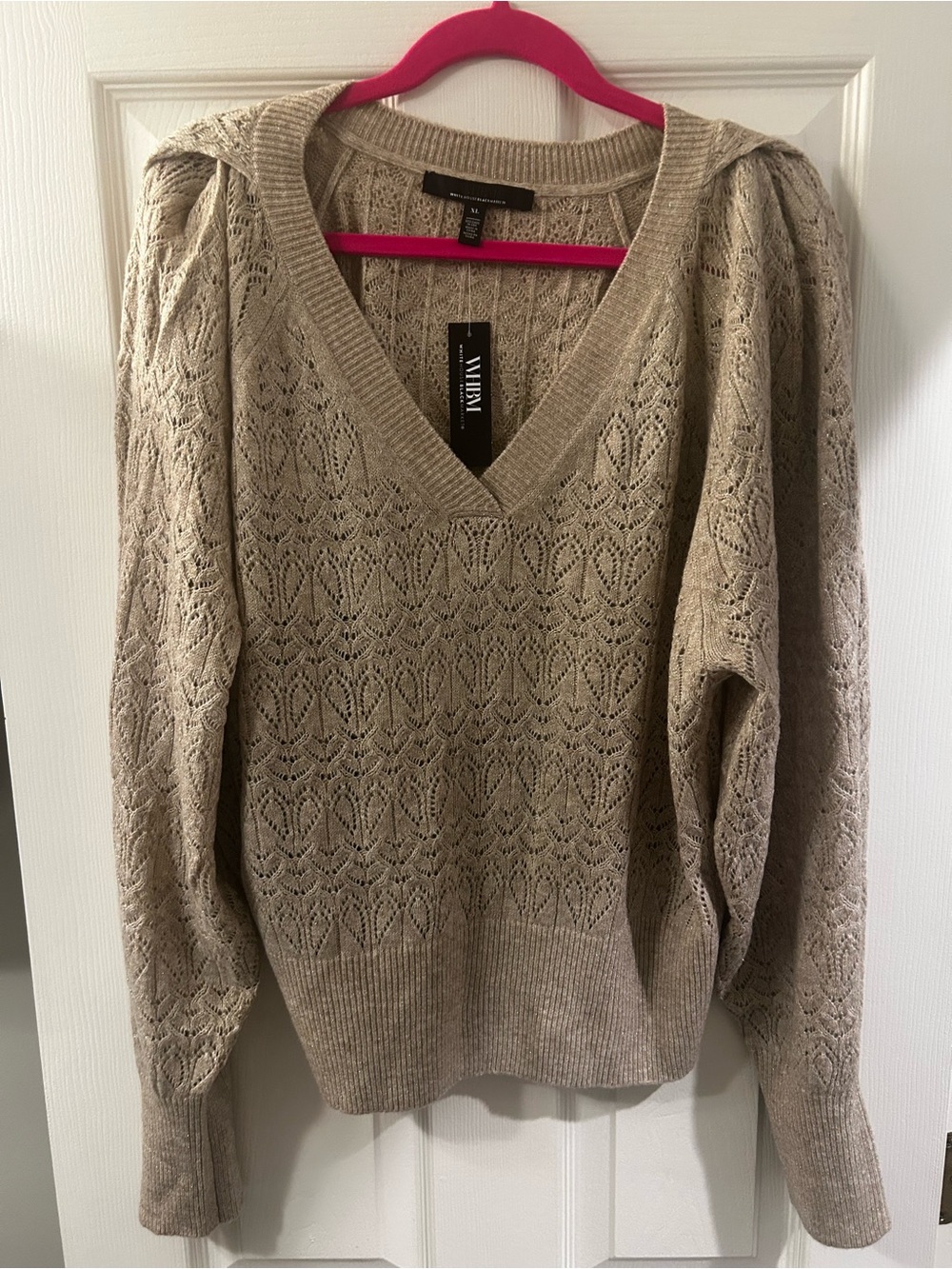 White House Black Market Beige Lace-Knit V-Neck Sweater